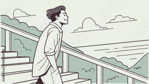 Man standing on staircase overlooking serene landscape with clouds.