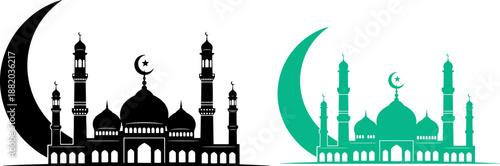 Mosque Silhouette with Crescent Moon Icon.