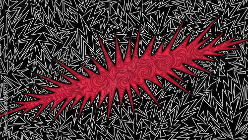 Vibrant red seta illustration against intricate black patterned background