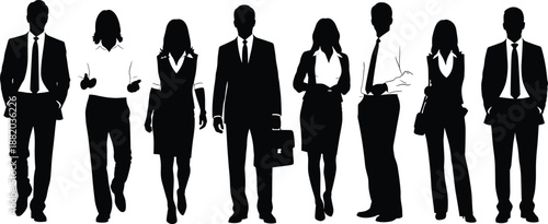 Black silhouette illustration of eight diverse business professionals standing in row, symbolizing corporate culture, teamwork, professionalism, unity, and workplace diversity