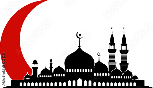 Mosque Silhouette with Crescent Moon Illustration.