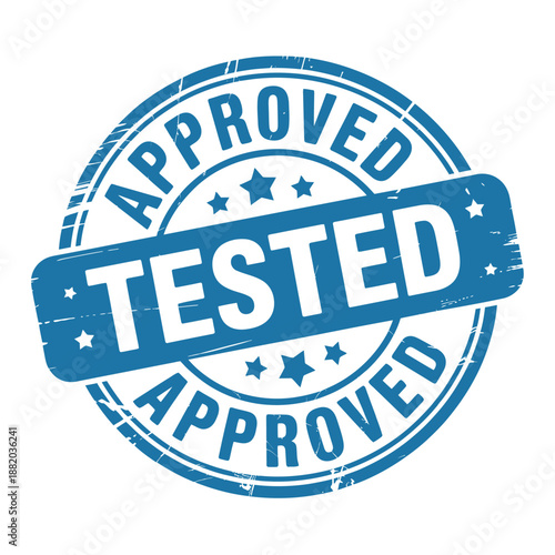 blue circular stamp with approved and tested text stars and a ribbon design