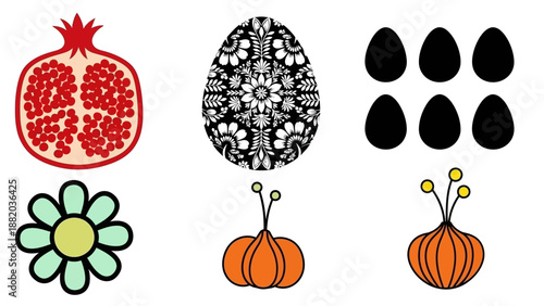 A collection of stylized fruits and flowers arranged in a grid pattern on a plain background from a direct viewpoint