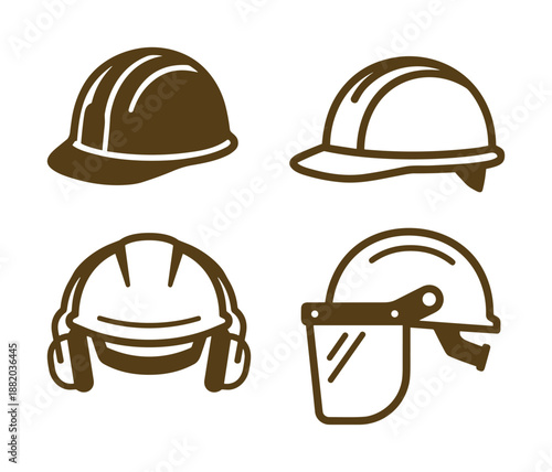 Set of brown construction helmet icons including visor and earmuffs for safety and protection.