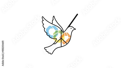 Dove with olive branch and multicolor peace symbol in flight