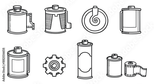 Set of film rolls illustration. Includes various film containers and cassette tapes in black and white line art.