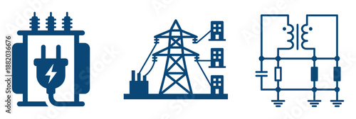 Set of electrical power icons, includes transformer, transmission tower, and electrical circuit diagram.