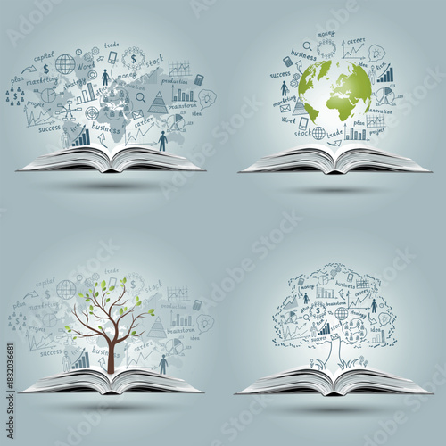 A collection of hand-drawn business strategies, diagrams, and graphs on an open book. Business World.