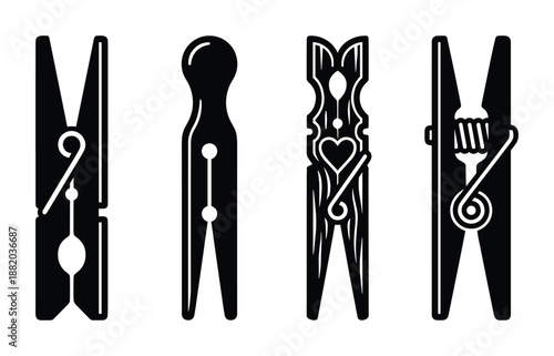Set of four different clothespins with unique artistic designs, illustrated in black and white style.