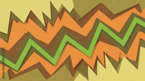Vibrant abstract illustration featuring layered zigzag patterns in shades of orange and green, showcasing dynamic movement and depth