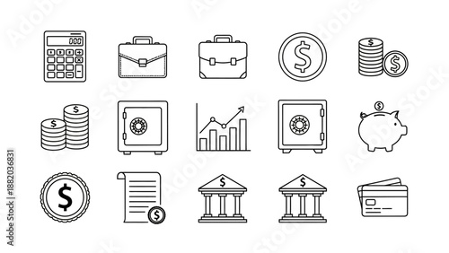 This business and finance tools icon set represents professional tools, financial operations, and corporate resources. It includes icons such as briefcases, safes, charts, documents, banks, and financ