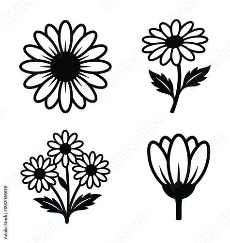 Set of four floral designs, including single stems and a bouquet, in black and white, vector illustrations.