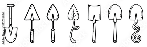Set of garden tools vector illustration, shovels and trowels with black outline isolated on white background.