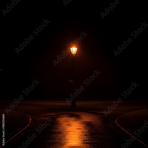 Solitary Street Lamp Casting a Golden Glow on a Dark Rainy Path