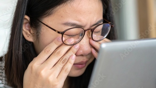 Asian woman experiencing eye strain from computer screen glare home office health concerns close-up view