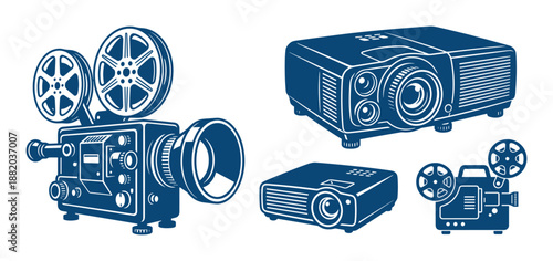 Set of old camera and projectors, equipment, isolated vector