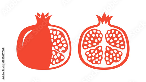 Pomegranate illustration featuring sliced and whole fruit in a simple design, showcasing seeds and fruit structure