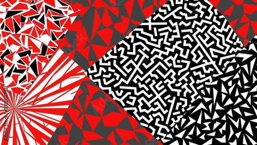 Vibrant abstract digital art featuring Seta pattern with red and black geometric shapes in a dynamic composition