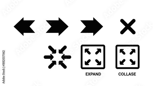 This arrow and navigation icon set is designed to represent direction, movement, progress, and user interaction within digital interfaces. It includes forward and backward arrows, double arrows, expan