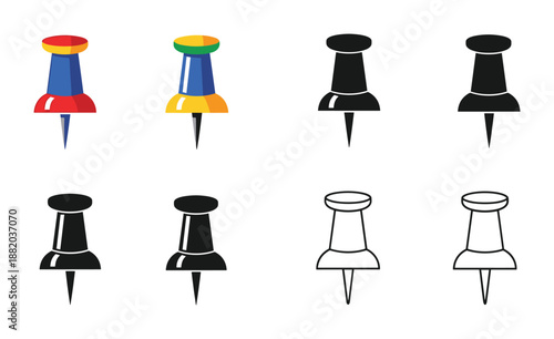 Set of push pins icons. Vector thumbtack illustrations in different styles and colors.
