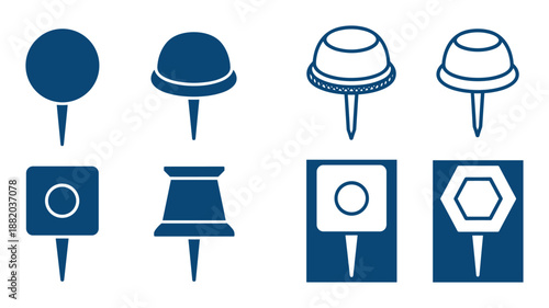 Set of push pins in blue color. Vector graphic icons of push pins with various shapes for office use.