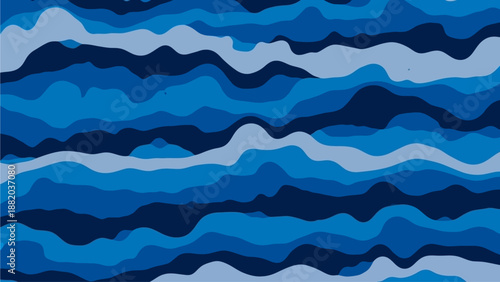 Wavy ocean waves pattern illustration in various shades of blue from light to dark, showcasing serene water texture