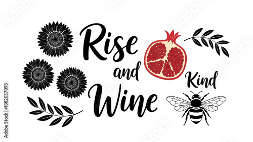 Bee near pomegranate and flowers in a typographic design with inspirational quote