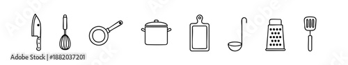Black-and-white kitchen utensil icons including knife, pan, pot, whisk, ladle, grater, and spatula.