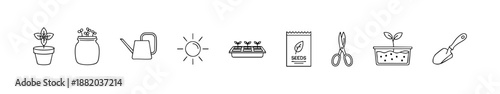 Black-and-white gardening icons showing tools, plants, seeds, and growth elements in minimalist style.