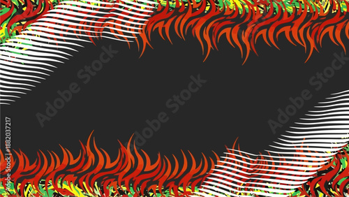 Flames surround a dark void with vibrant, wavy patterns and abstract shapes