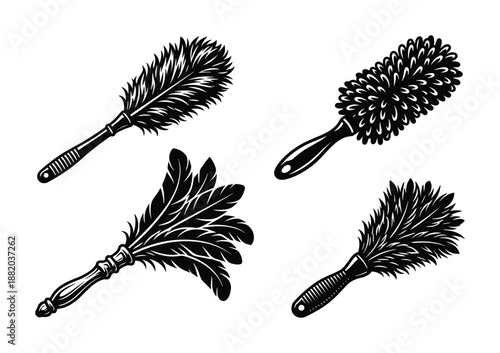 Set of vector illustrations featuring diverse black duster designs for effective cleaning.