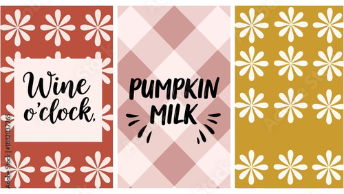 Assorted autumn-themed patterns with floral designs and text overlays on warm-toned backgrounds, viewed from directly above.