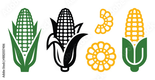 Set of yellow, green, and black corn cobs vector design, isolated on white background. Agriculture and food icon.