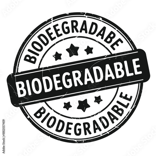 a circular stamp design featuring the word biodegradable and three star icons