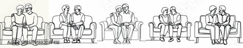 line art of an old couple sitting on a sofa happily together full of love