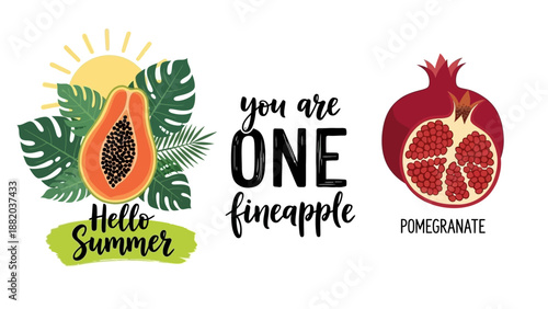 Vibrant summer fruits illustration featuring pomegranate, fineapple, and papaya with tropical leaves