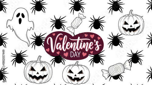 Valentine's Day illustration with pumpkins, spiders, and a ghostly figure