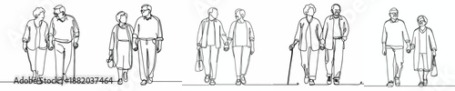 line art of an old couple walking holding hands lovingly