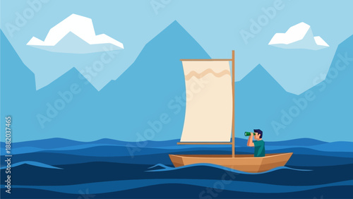 Sailor navigating a small sailboat on calm waters with majestic mountains in the background, serene landscape illustration from a distant viewpoint.