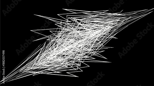 Complex white line art illustration of a futuristic abstract seta on a black background from a dynamic viewpoint