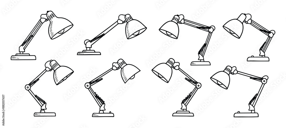 Fototapeta premium Sketch illustration featuring an arrangement of adjustable desk lamps with domed shades.