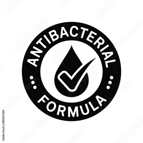antibacterial formula logo featuring a water droplet checkmark and decorative dots