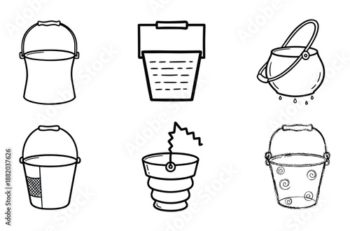 Six buckets with different designs. Outline illustrations, hand-drawn bucket icons, sketch, vector.