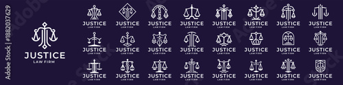 Set of minimalist justice and pillar logo design white and dark background.