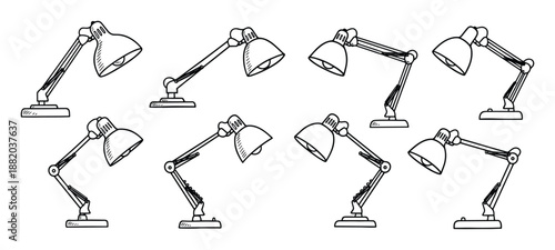 Sketch illustration featuring an arrangement of adjustable desk lamps with domed shades.