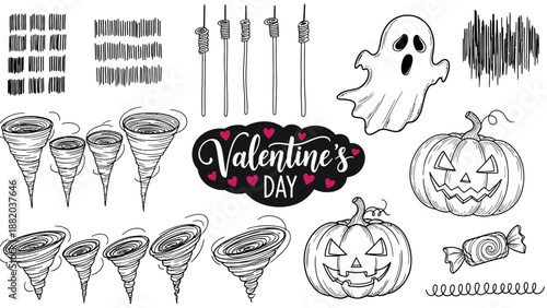 Valentine's Day and Halloween elements combined in a decorative illustration with cones, pumpkins, and ghost figures.