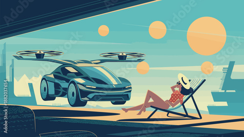 Futuristic flying car transports traveler to relaxing vacation destination with sunny skies
