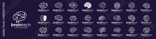 brain tech logos set, connect line circuit dot design brain connection tech logo vector illustration.