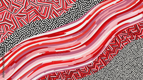Intricate Pattern with Flowing Red and White Strips over Geometric Background Illustration