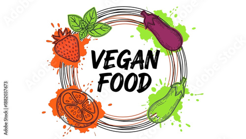 Vibrant illustration of vegan food ingredients arranged in a circular pattern with fresh fruits and vegetables